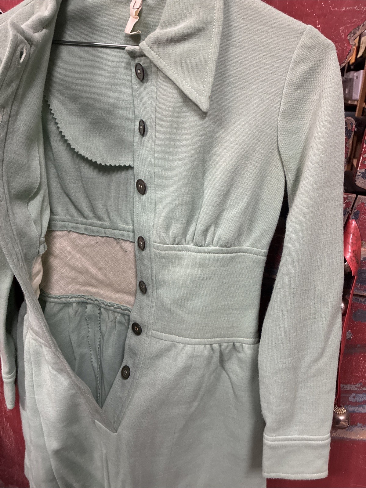 Vintage 1950s-1970s Women’s Mint Green Button-Front Long Sleeve Dress Waist 26