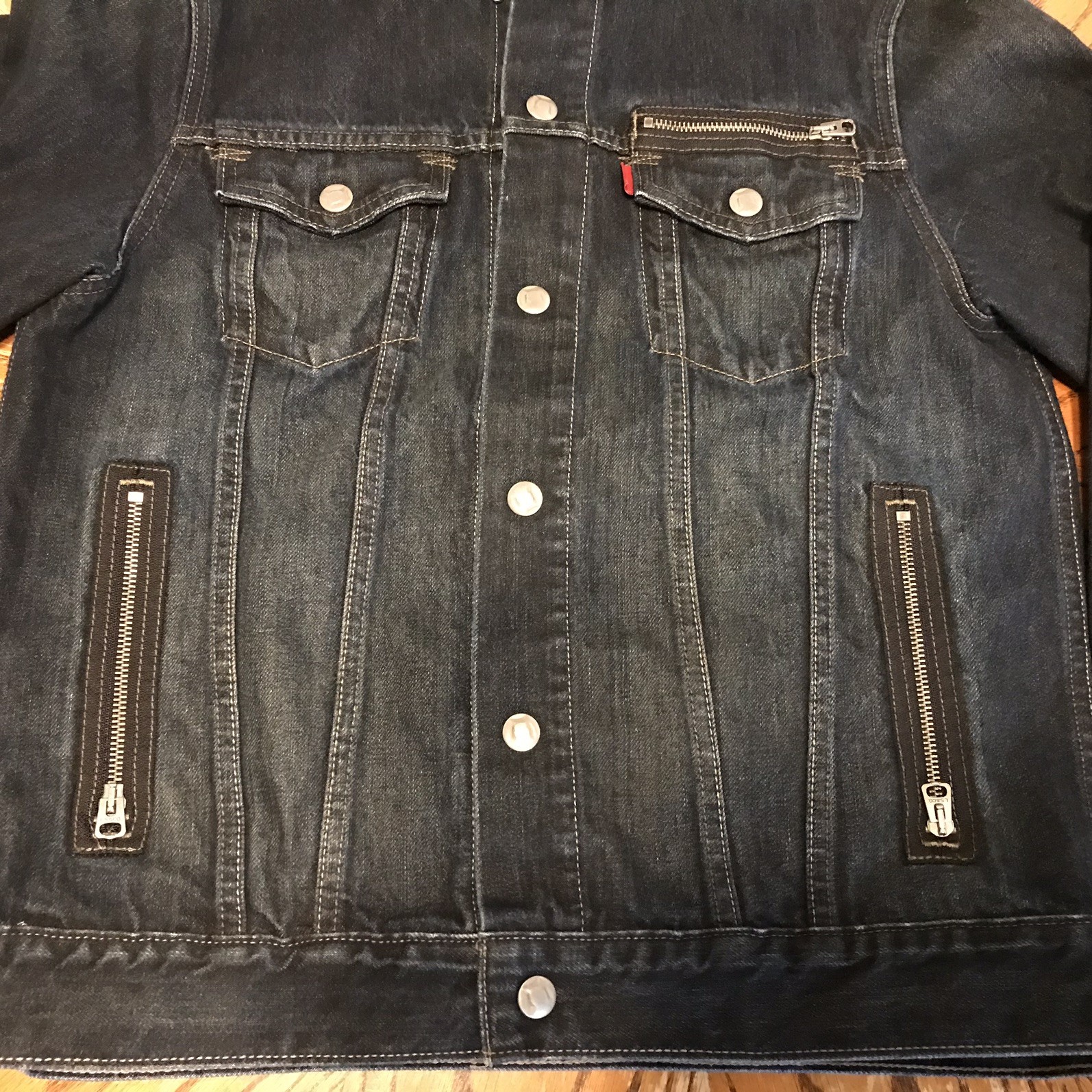 LEVIS Jean Jacket Moto Style Trucker #57540 Denim Zipper Rare Snaps Vintage XL