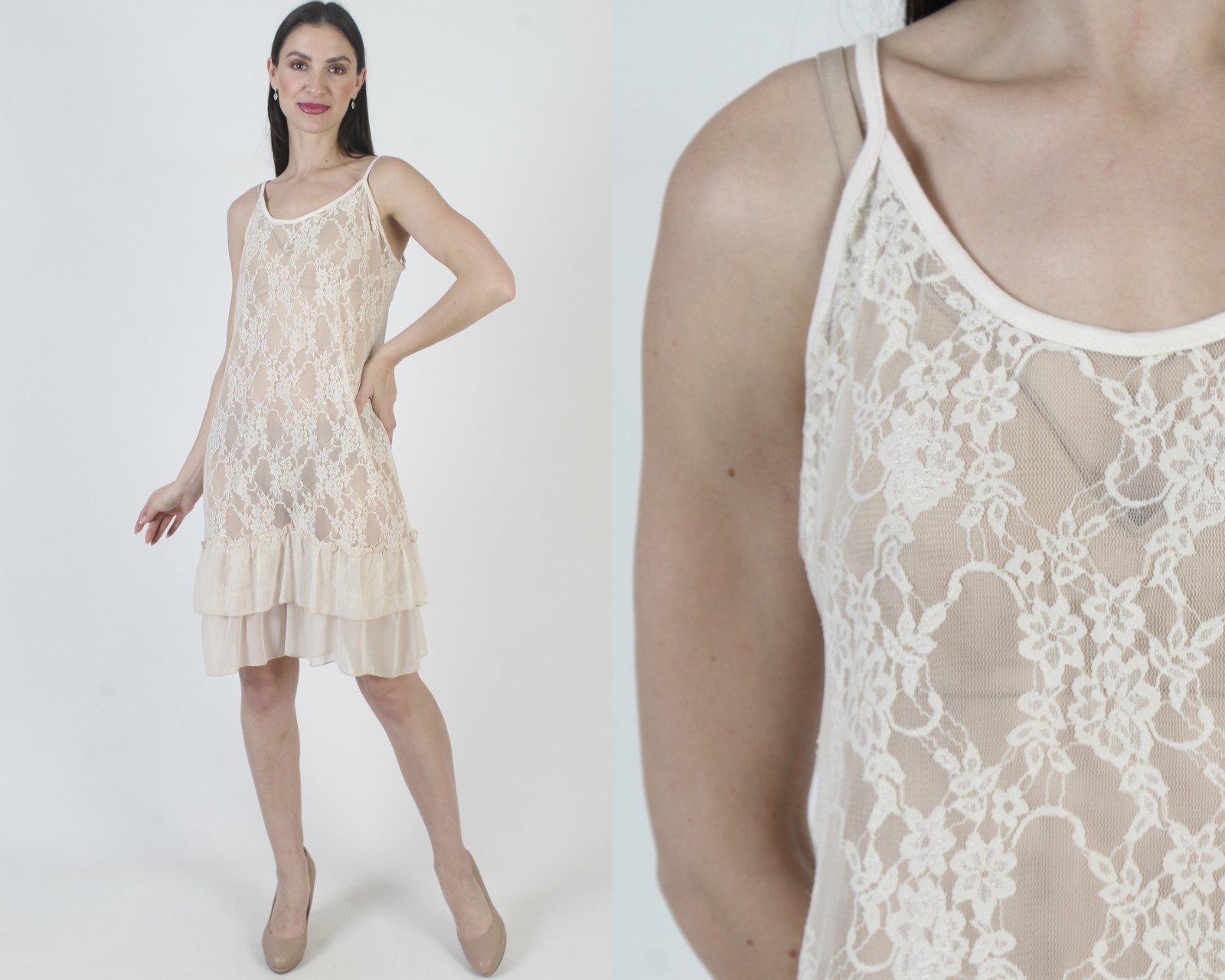 Vtg Victorian Lace Dress Cream Sheer Edwardian Antique See Through Midi Slip
