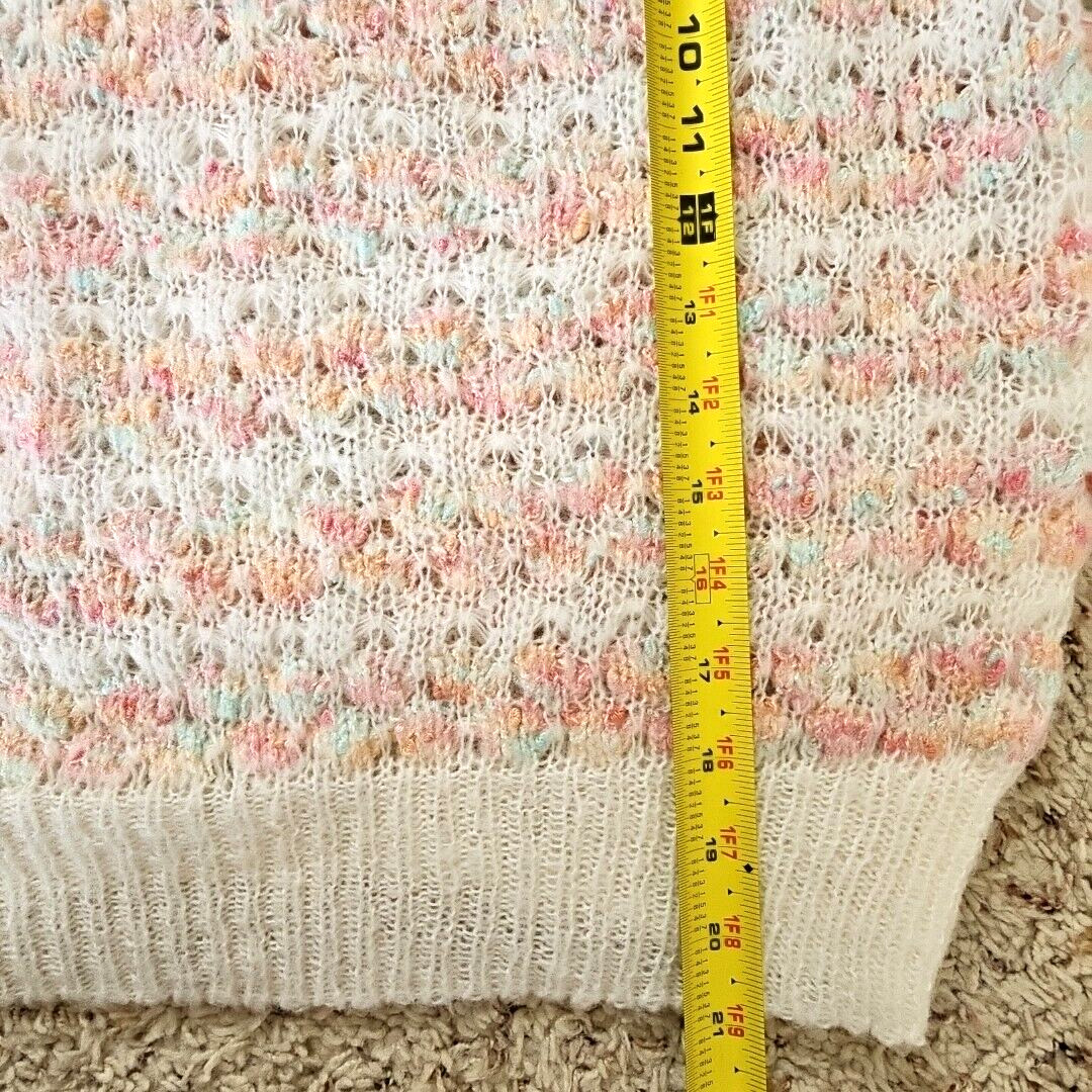 Vintage Womens Open Knit Sweater Large Feminine Coquette Pastels Puff Sleeves
