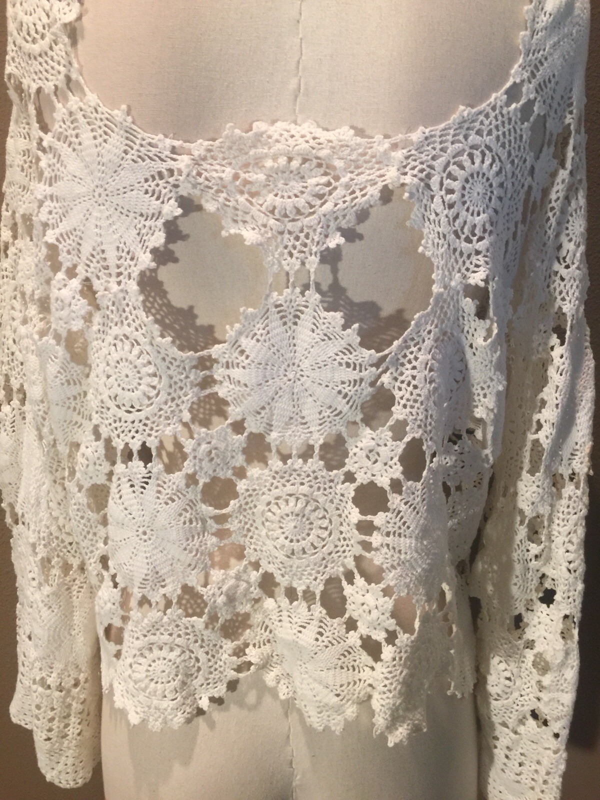 Antique Vtg Handmade M White Crochet Tatted Lace Coquette Top Blouse
