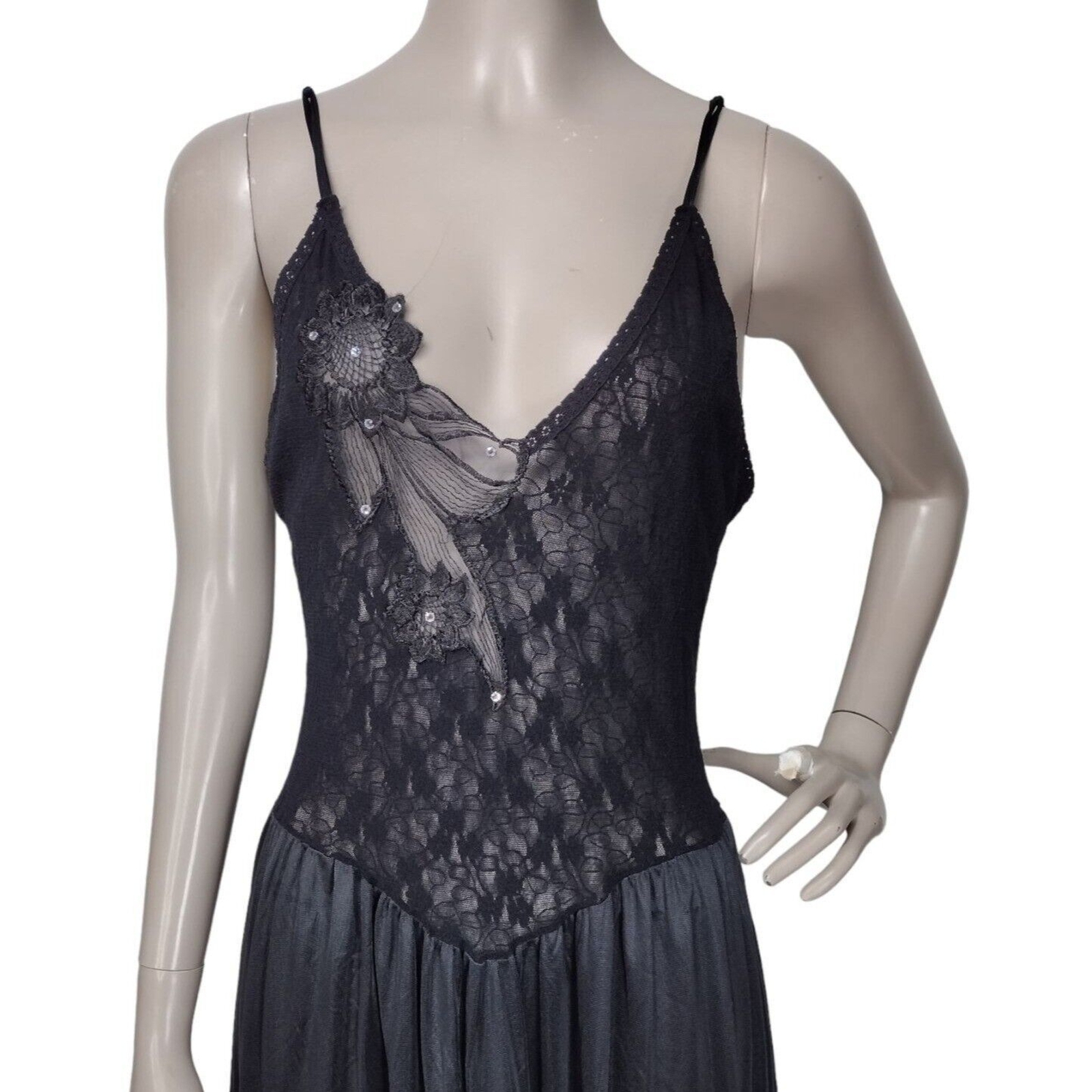 Vintage 80s Cinema Etoile Sexy Black Lace Sweeping Princess Nightgown & Robe NEW