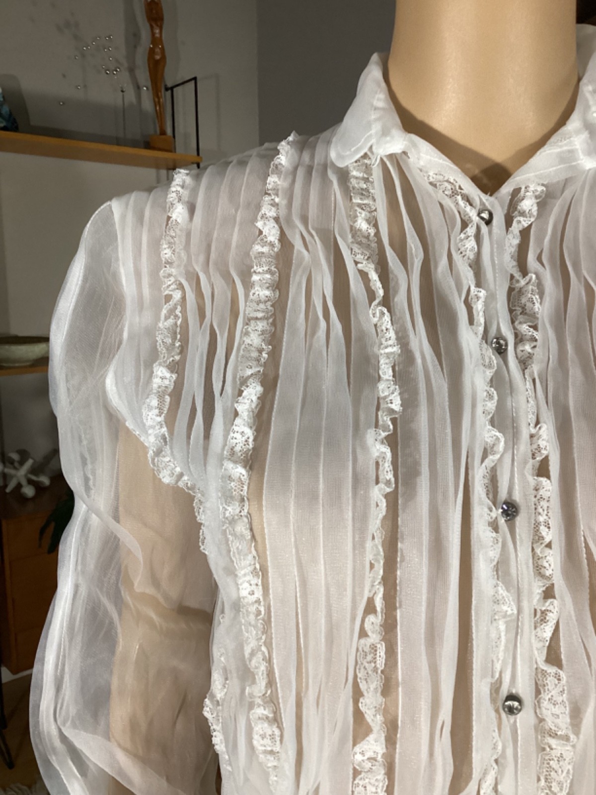Vintage 1970’s White Sheer Nylon Prairie Farmhouse Victorian Revival BLOUSE