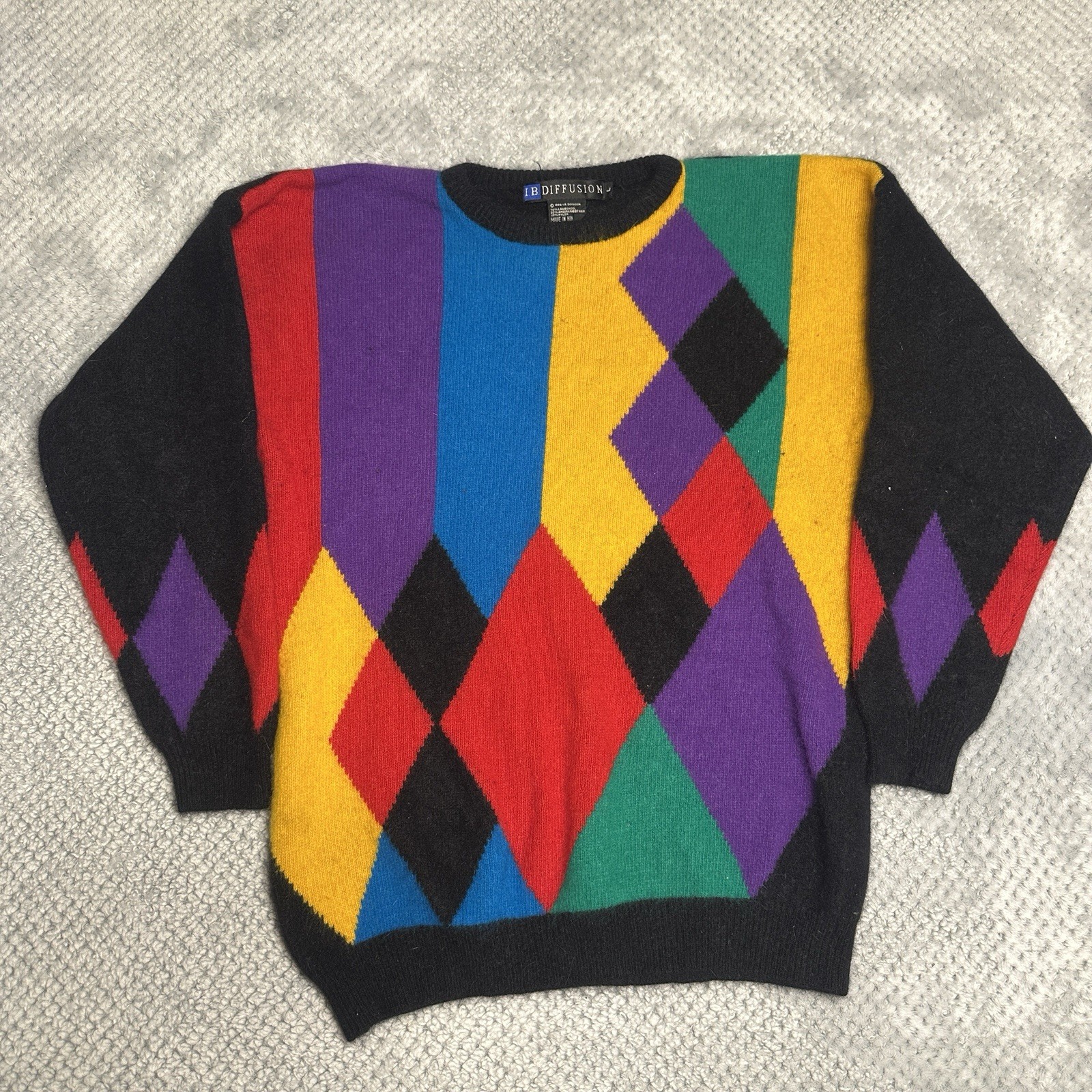 Vintage 90s IB Diffusion Lambswool Angora Sweater L Knit Argyle Colorful 1992
