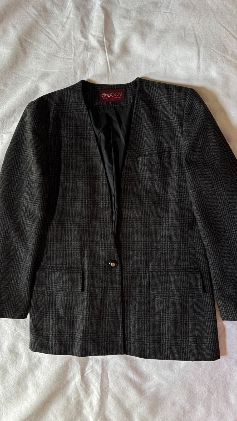 Sasson Paris NY Blazer Jacket Gray Plaid One Button Lined Womens Size 10