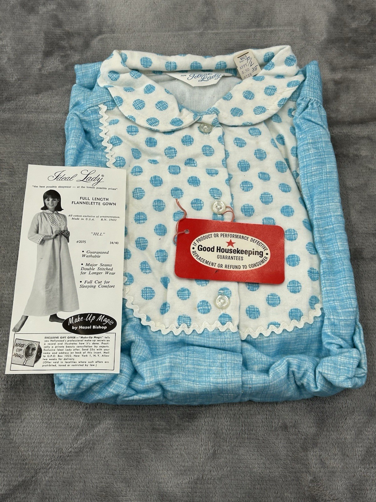 Vintage Women’s Ideal Lady Full Length Flannel Gown Pajamas Size 38 Blue Dots