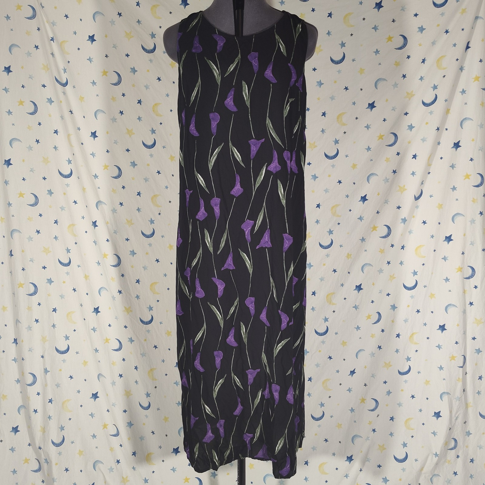 Vintage Semi-sheer Black & Purple Calla Lily Sleeveless Dress | Size 14w