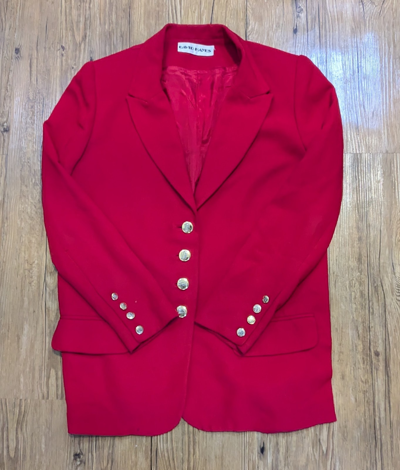 DAVID HAYES Vtg Red Blazer Jacket Monogrammed Buttons Size 8 80s Chic B32