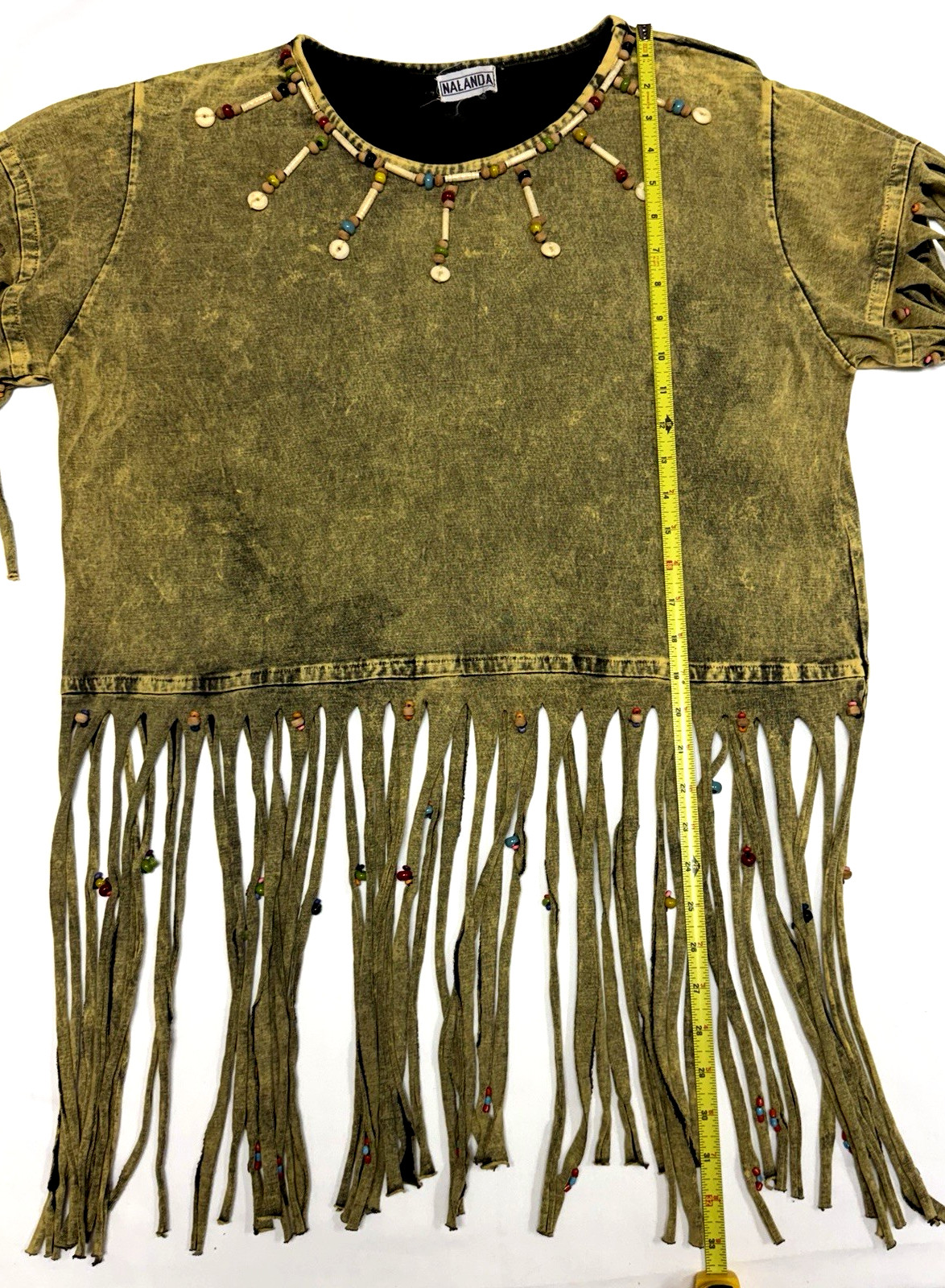 Archive Vtg 90s Nalanda Japan Acid Wash Fringe Beaded Top Native Western M L