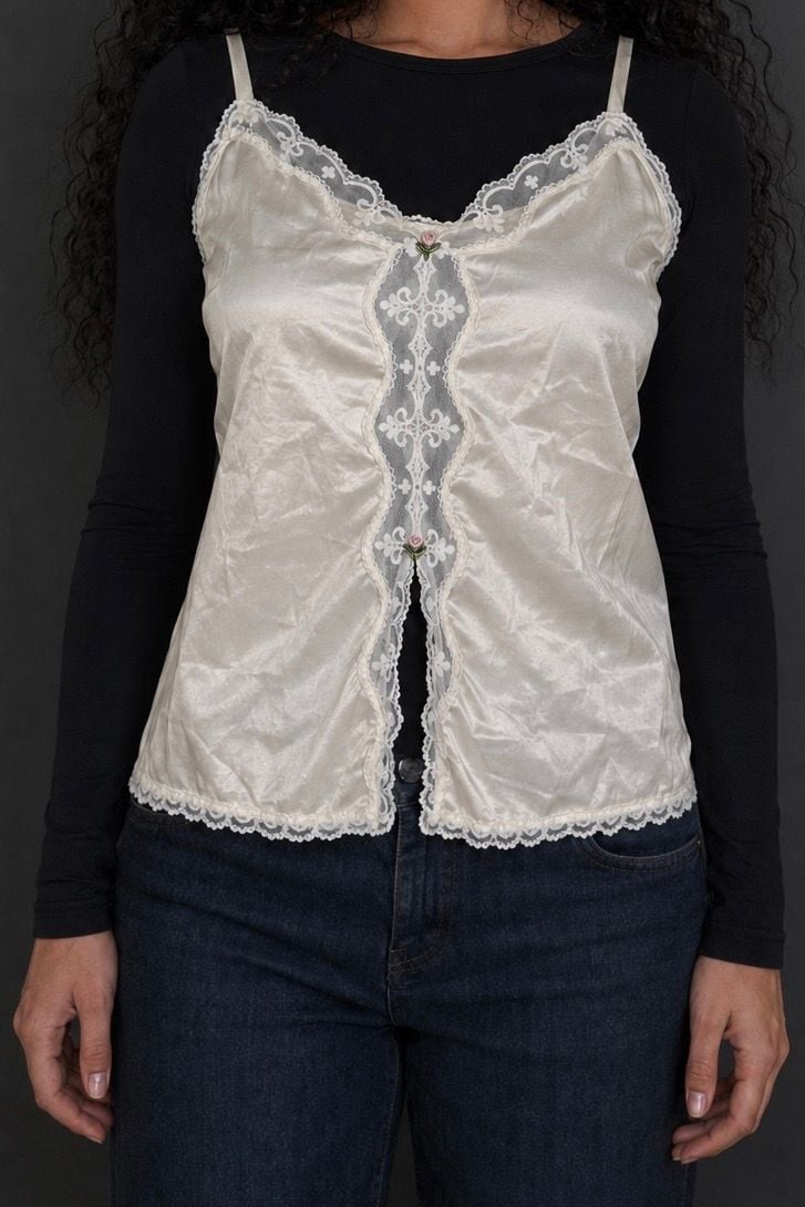 Satin Camisole with Chantilly Lace and Rosebud Details