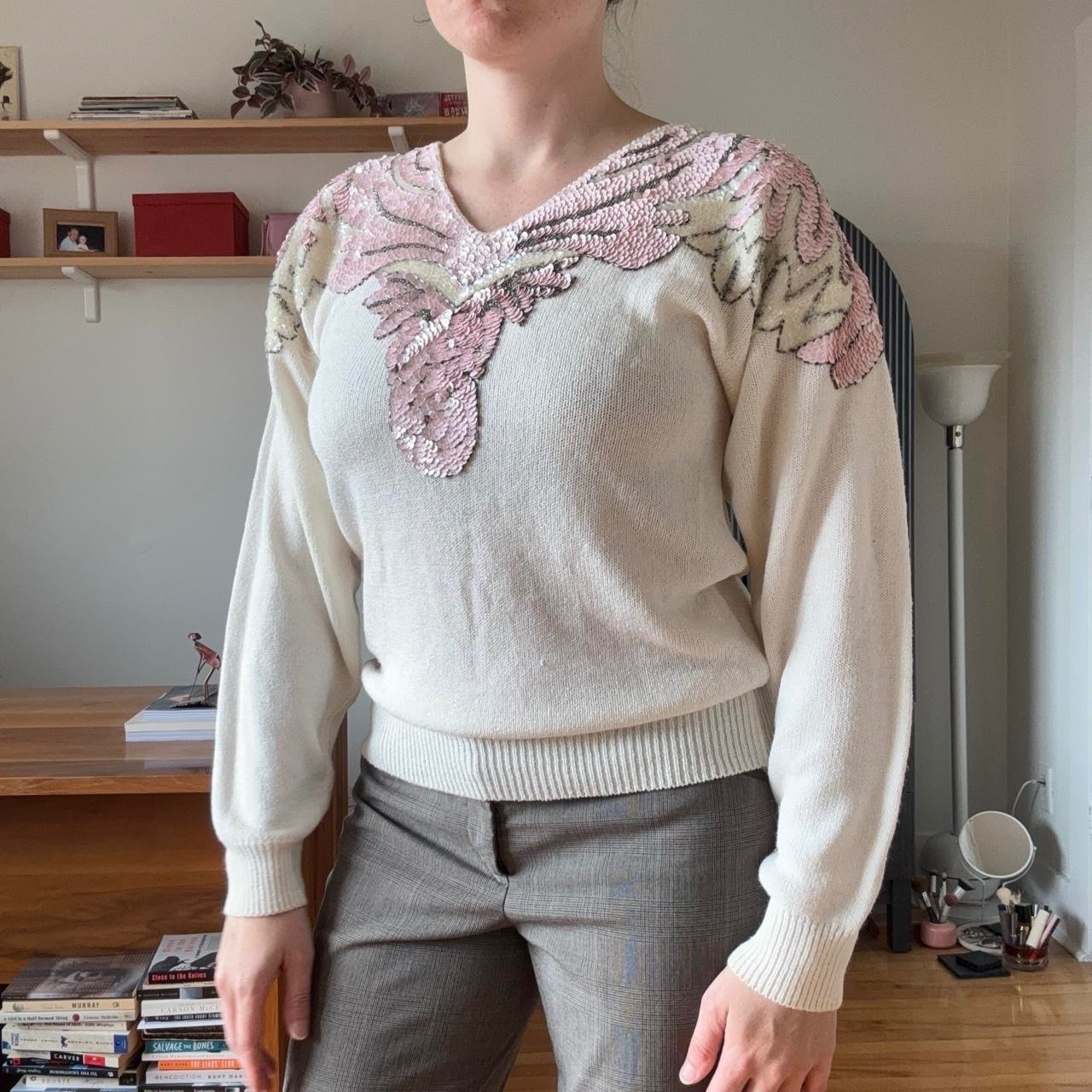vintage 80s white knit sweater with sequin & bead details size M MINT CONDITION