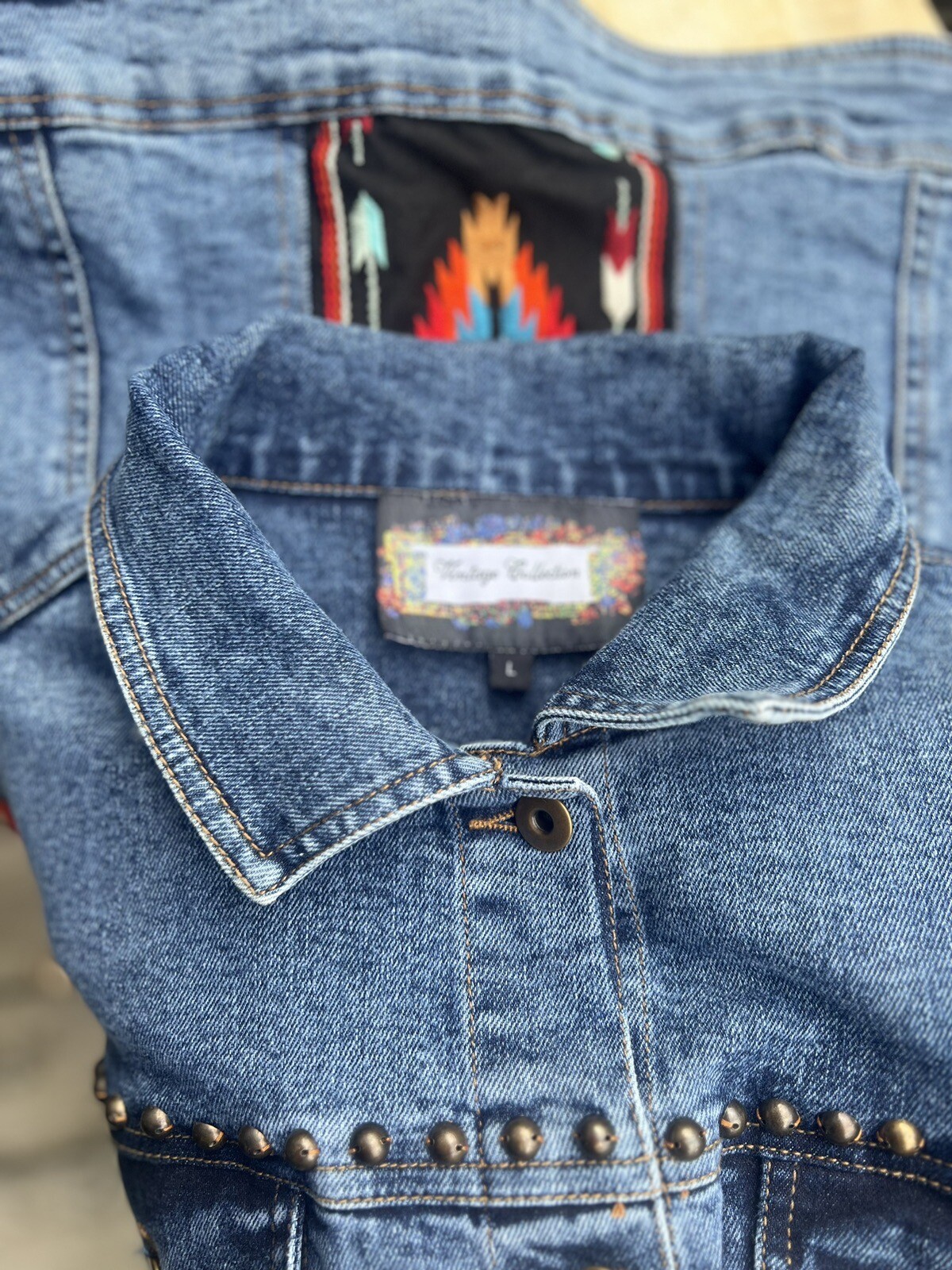 Vintage Denim Jacket Southwest Aztec Flame Embroidered By Vintage Collection Lg