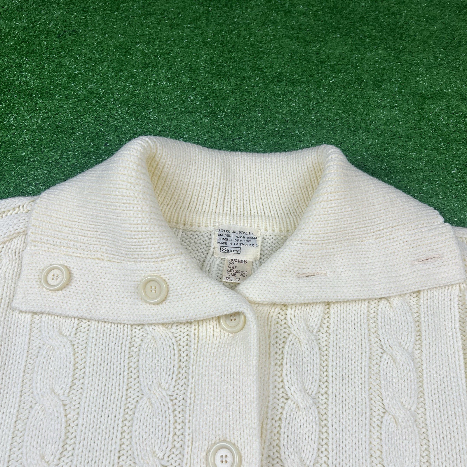 Vintage Sears Ivory Cable-Knit Chunky Fisherman Cardigan Sweater High Neck Sz 42