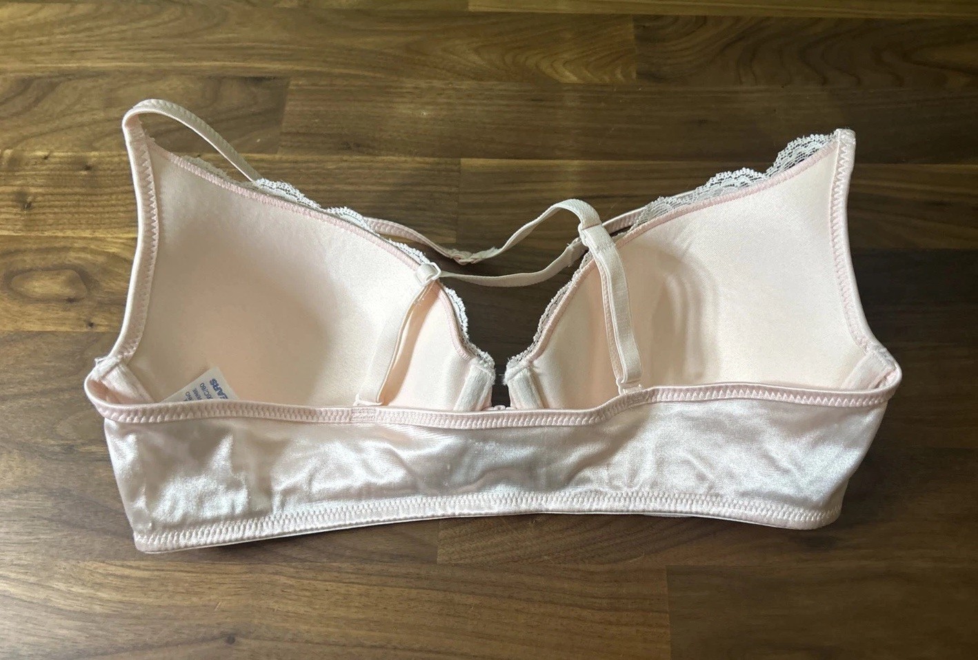 Vintage Sears Pink White Lace Trim Shiny Second Skin Bra Size 36C Front Closure
