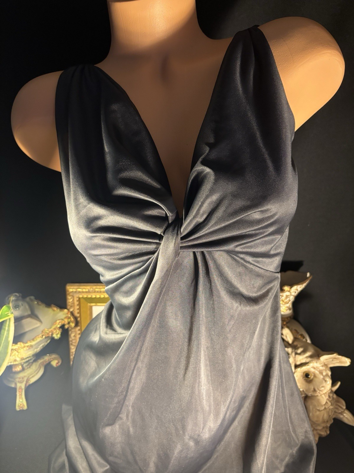 Vtg Silky Jet Black Wrap Bodice Frosted Shiny Long Gown Negligee Nightgown S
