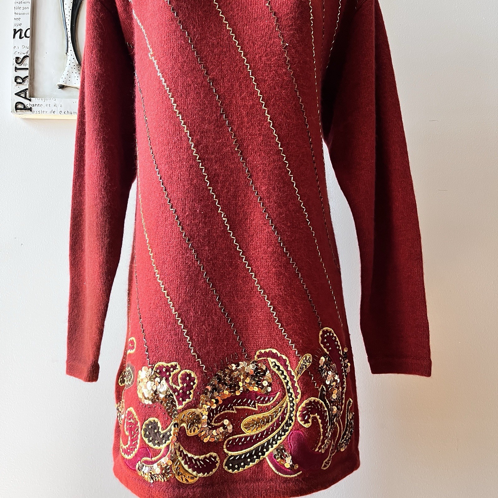 Vintage 80s Marisa Christina Collection Lambswool Sequin Sweater Dress Sz M