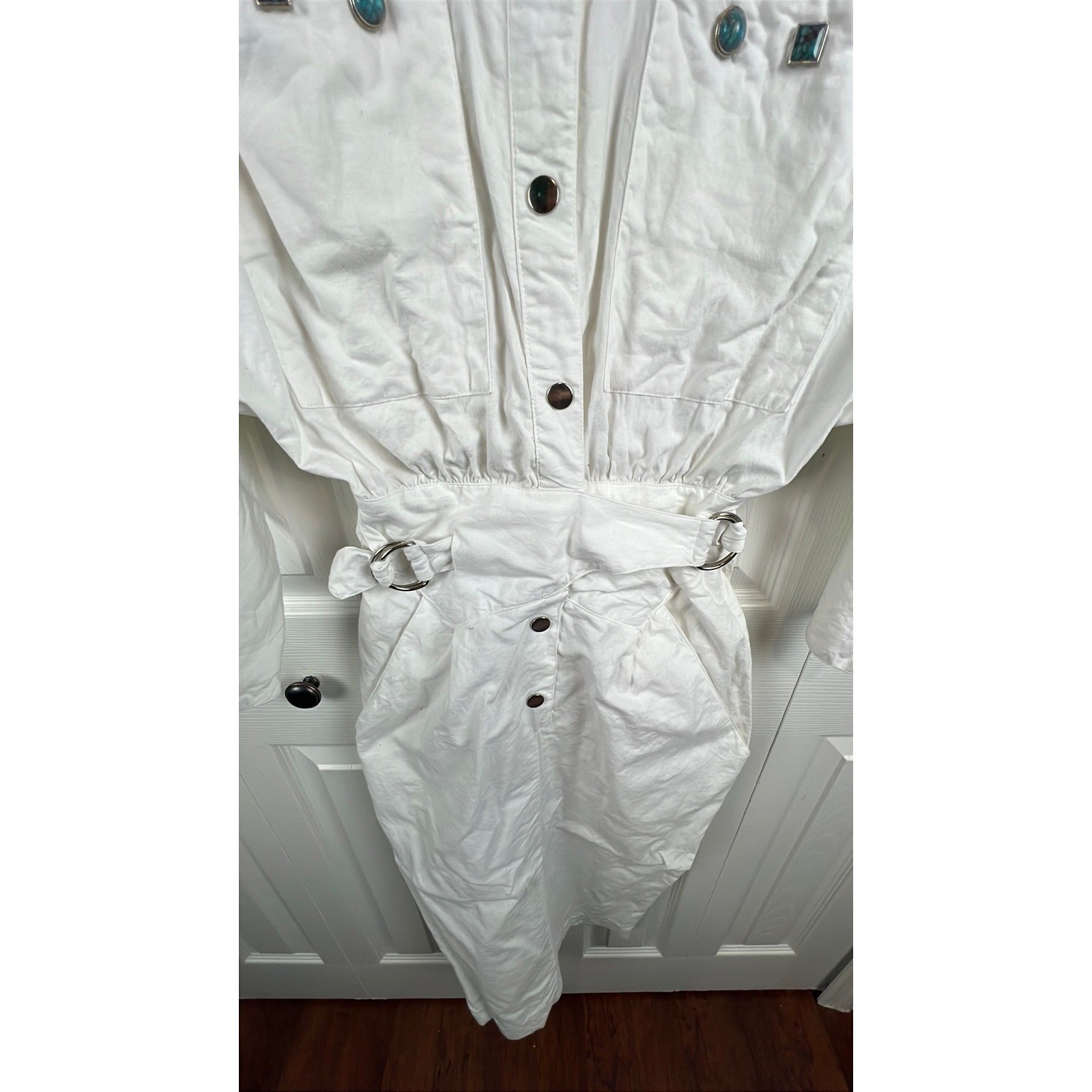 80s Western Shirt Dress Boho Coastal White Cotton Turquoise XS S