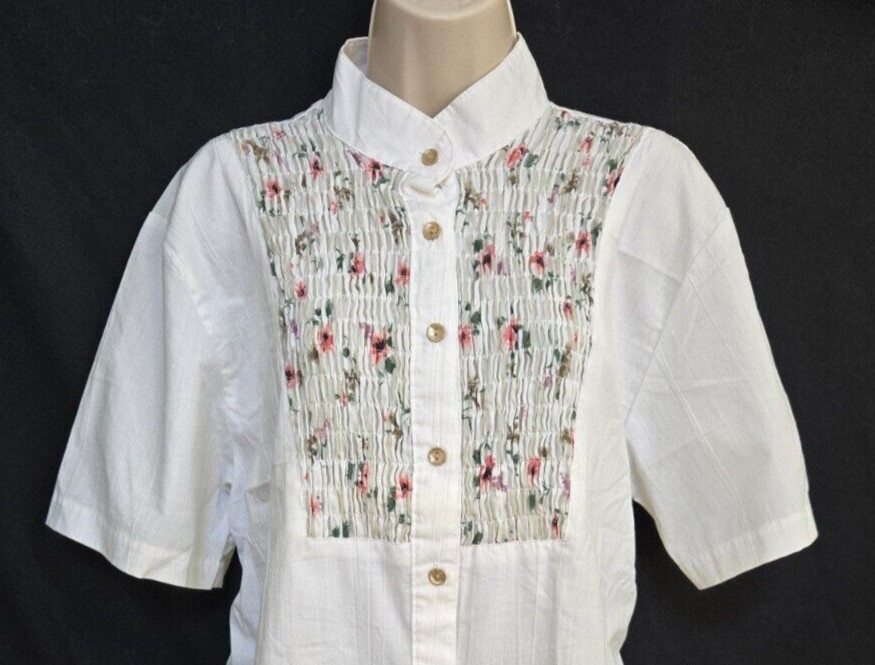 Vtg 80s Tap & Co Boho Hippie Button Blouse Stand Up Collar Floral Yoke L