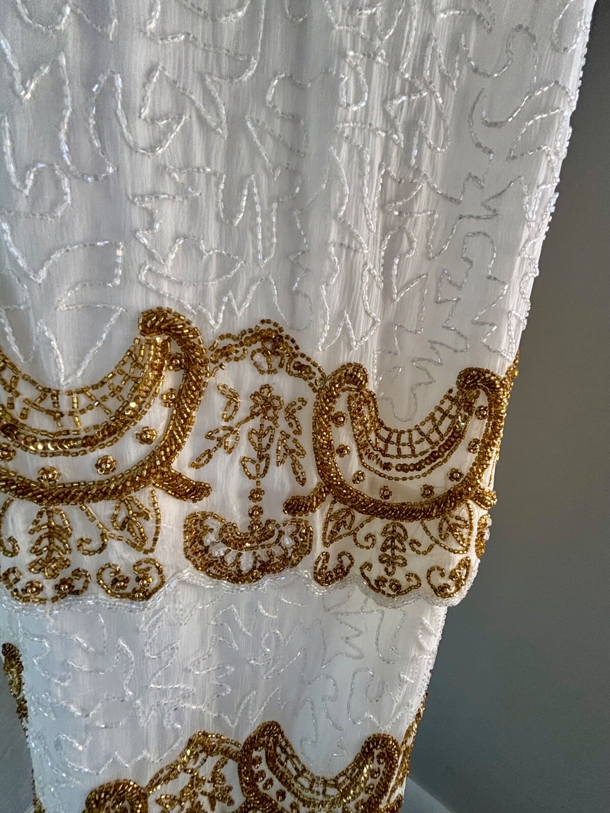 Vintage Brilliante by J.A. 100% Silk White and Gold Beaded Dress-XXL