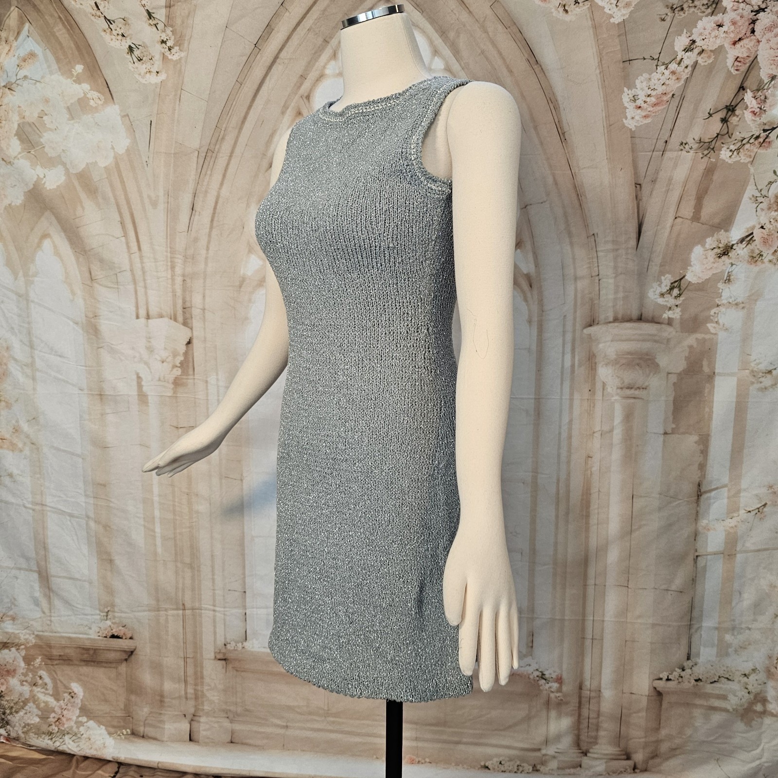 Vintage 1960’s Dress Minidress Silver Gray Metallic Knit Sleeveless Retro Disco
