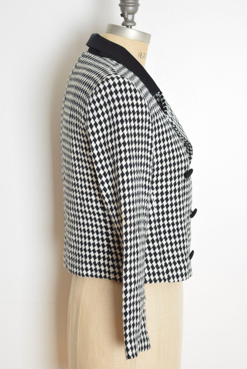 vintage 90s blazer black white diamond check cropped jacket top preppy S