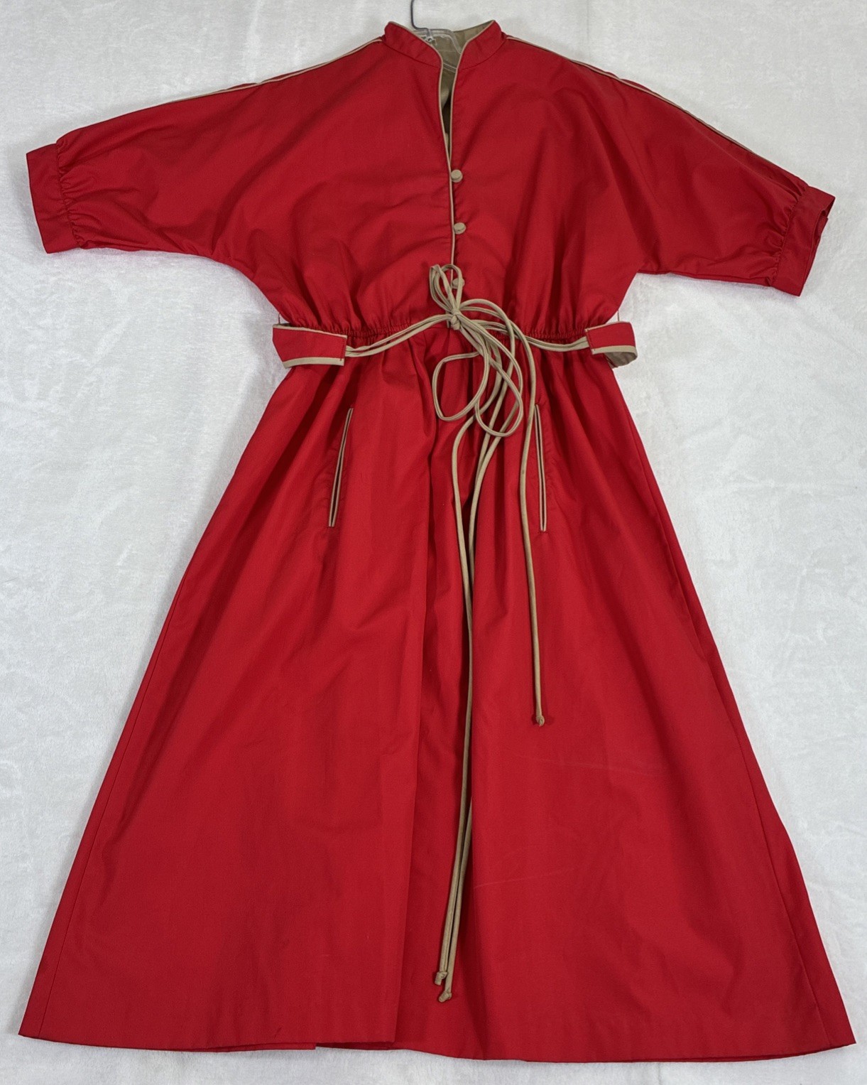 80s Vintage Red & Tan Shirt Dress Belted Button Front Fit Flare Womens Day Dress