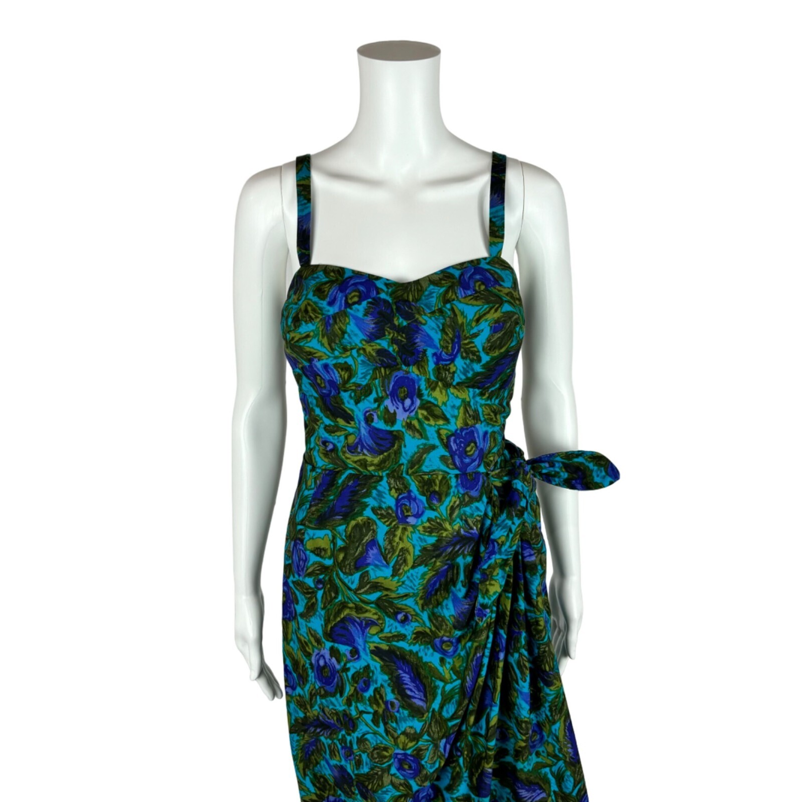 Vintage 1950s Sarong Dress Women’s XS Blue Green Floral Wiggle Hawaiian Tiki