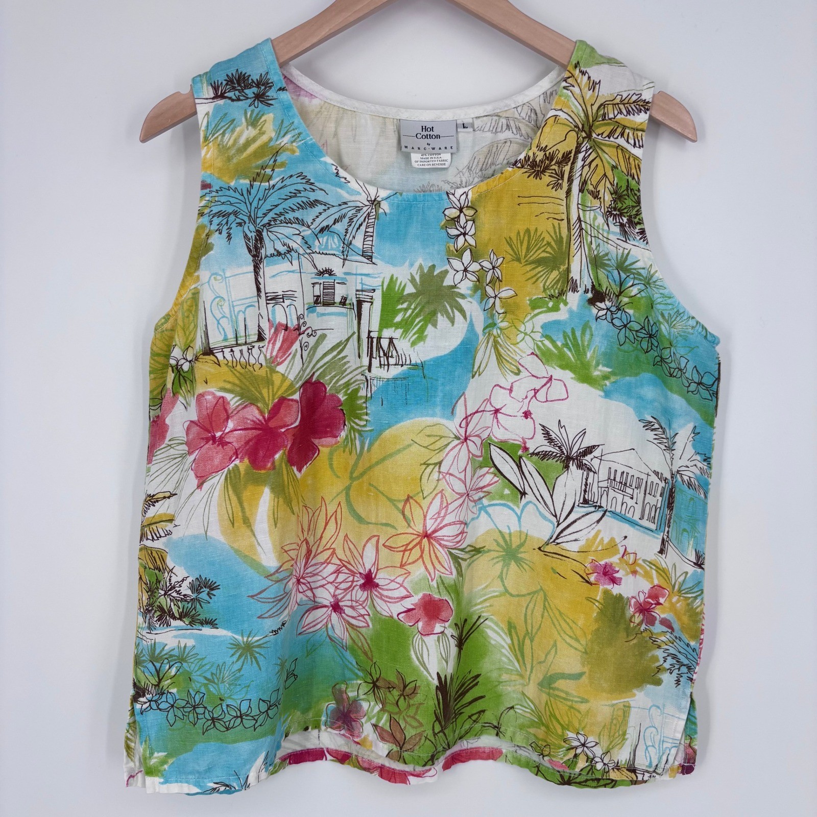 Hot Cotton By Marc Ware Tropical Floral Linen Blend Tank Top Womens L Multi
