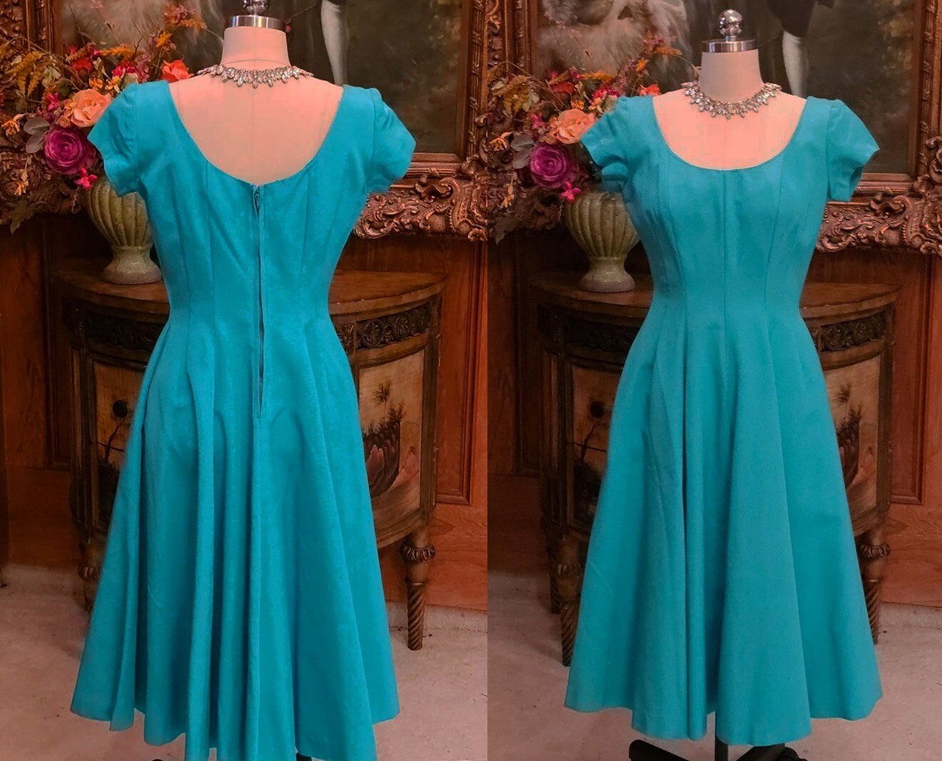 VINTAGE 1960s JERRY GILDEN SPECTATOR TURQUOISE FULL CIRCLE DRESS W METAL ZIPPER