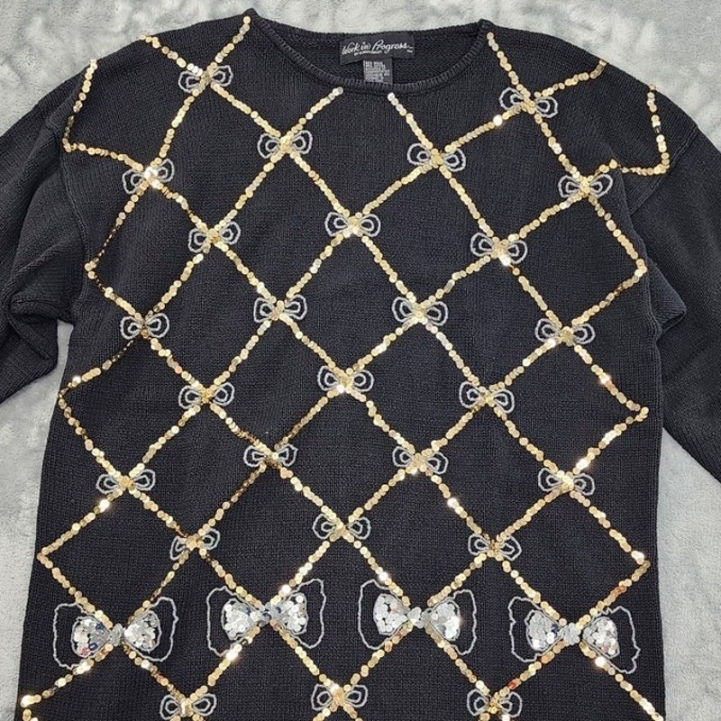 Vintage Work in Progress Sweater Womens L Black Gold Beaded Sequins Diamond Bows