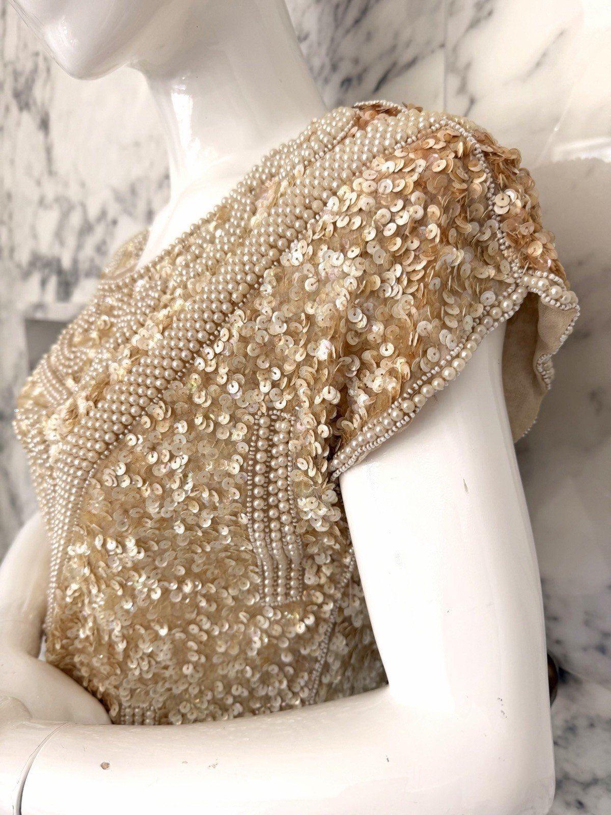 Vintage Laurence Kazar Paris II Nude Gold Sequin Pearl Beaded Cocktail Dress M