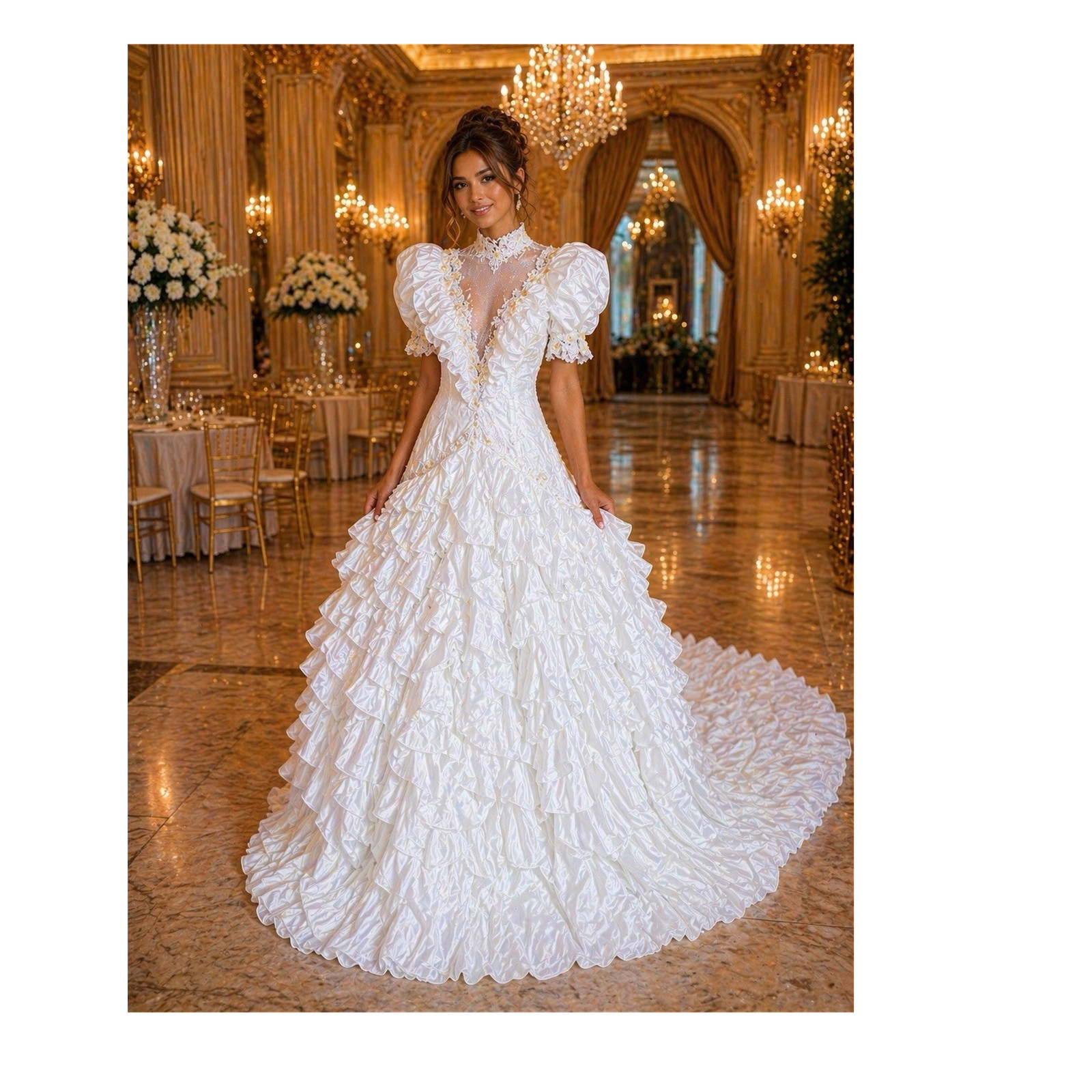 VTG Ruffled Romantic Wedding Dress Size S Beaded Train NWOT Princess Fairy Ball