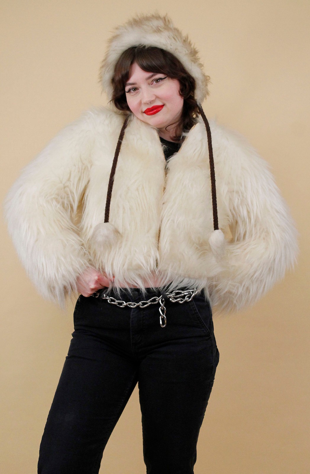 60s 70s Vtg Shaggy Faux Fur White Zip Up Crop Jacket Coat Mod Rocker Glam B34″