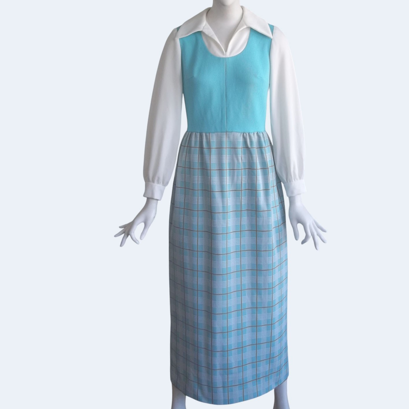 Vintage 70s Ayres ILGWU Tag Dagger Collar Plaid Skirt Double Knit Maxi Dress XS