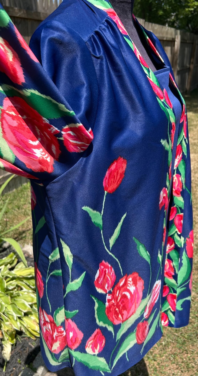 Vintage Top Notch Blue with Pink Flower Polyester Blouse 2x