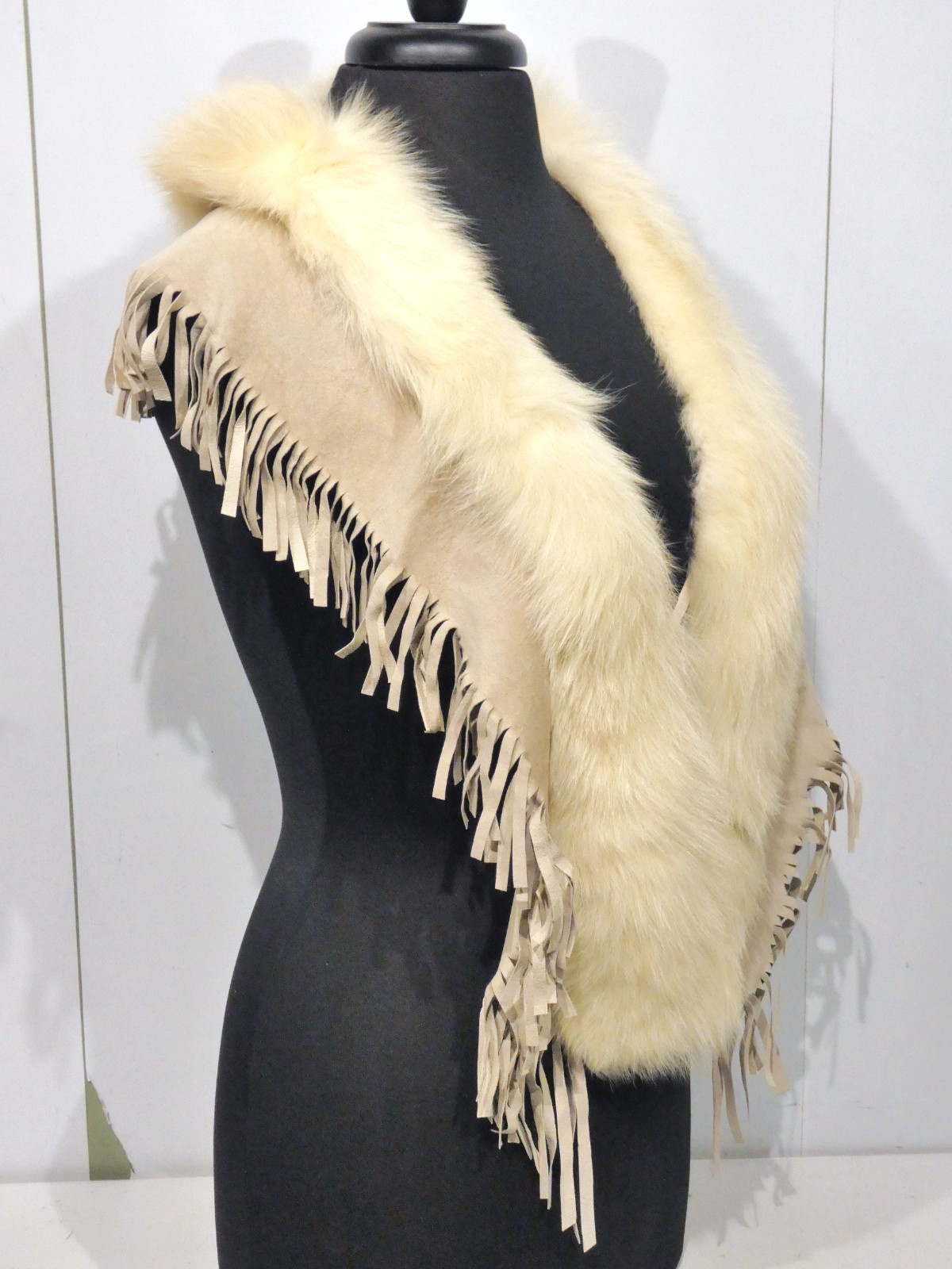 Luc Desrosiers Tan Leather White Fur Frilled Shawl Cape Signed Authentic