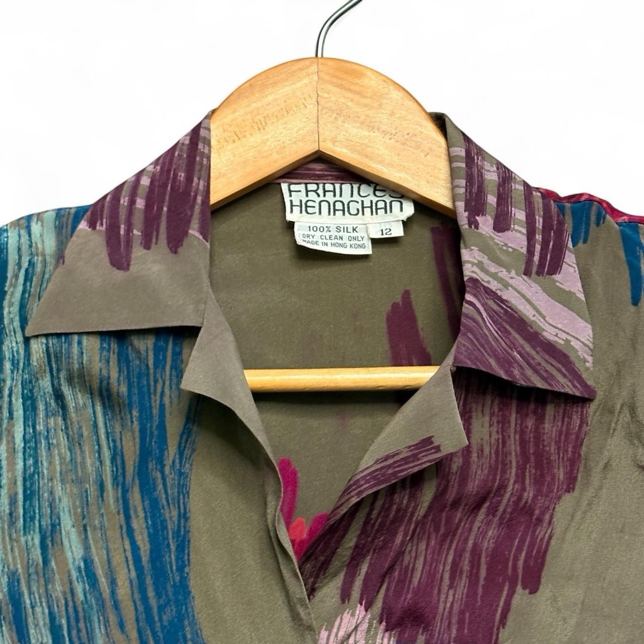 VTG Frances Henaghan Silk Indie Blouse Women’s M Abstract Art Shoulder Pads 80s