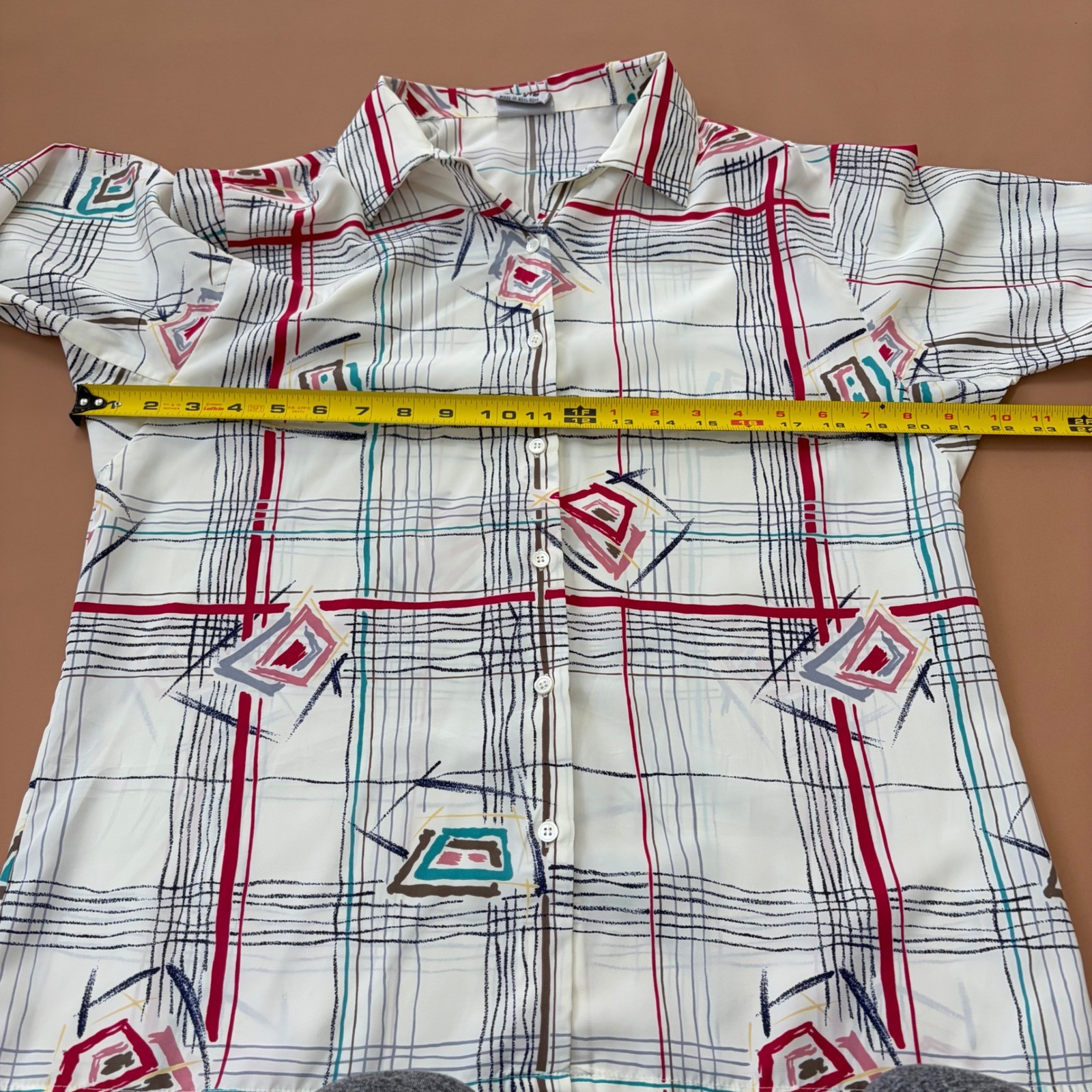 Bleyle Vintage 80s Geometric Grid Abstract Button Down Blouse White Red 12 READ