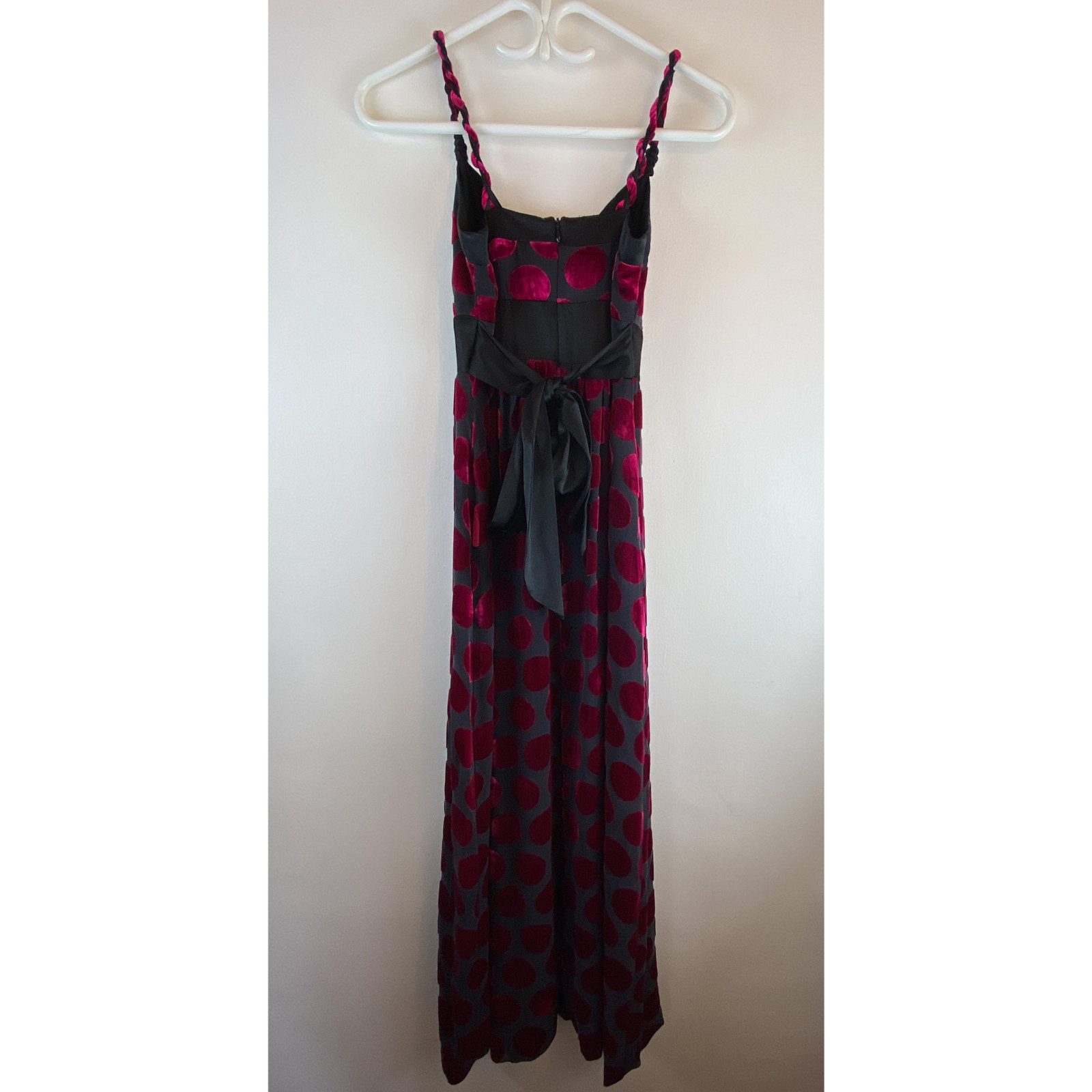 Voom Joy Han 90s Y2K Silk Velvet Polka Dot Maxi Dress XS Pink Fuchsia Black Goth