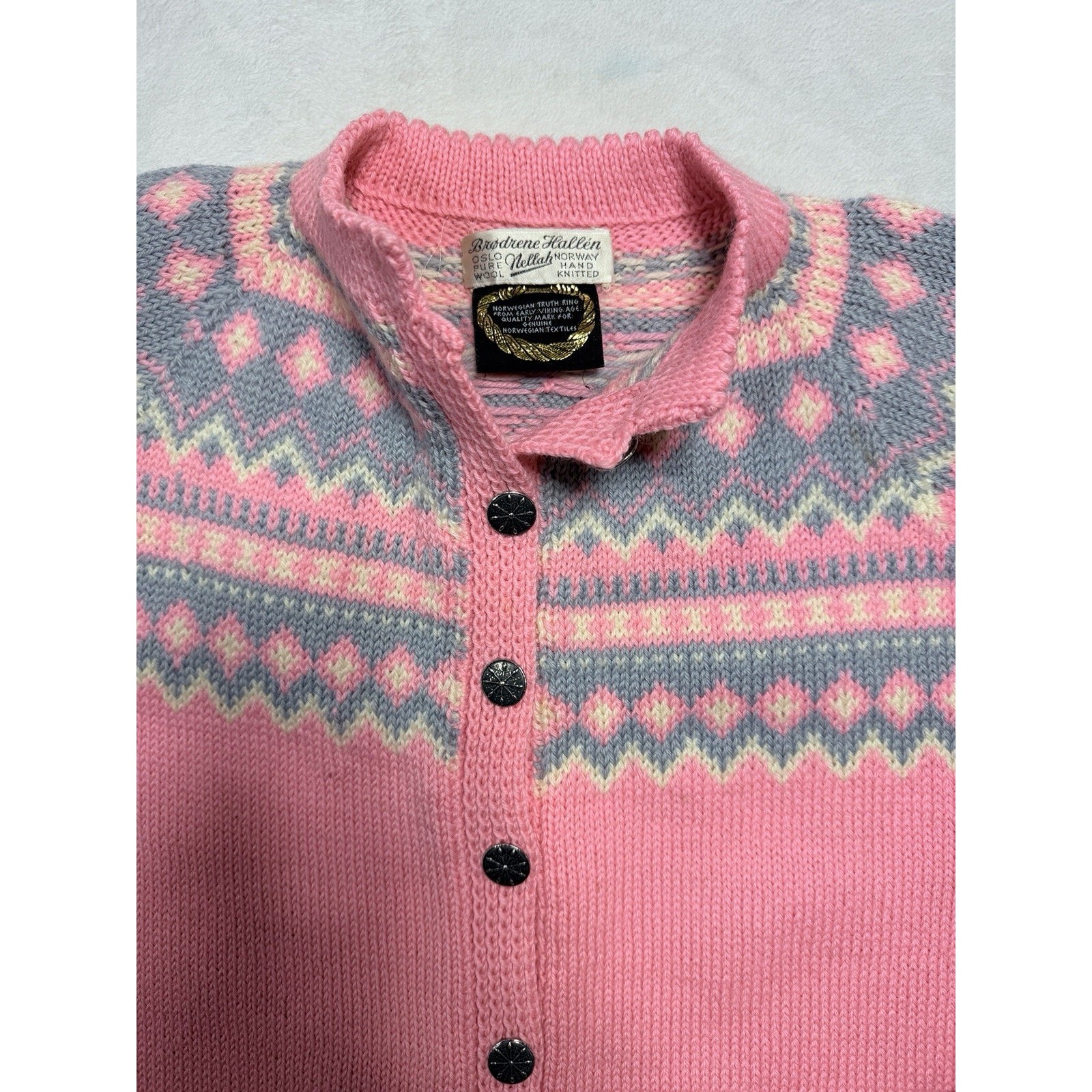 Brodrene Hallen Pink Norwegian Wool Fair Isle Cardigan Pewter Buttons Sm Library