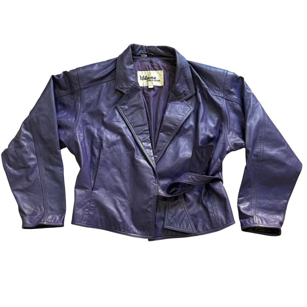Vintage 80’s Wilsons Leather Women’s Purple Cropped Waist Jacket Tie Belt Large