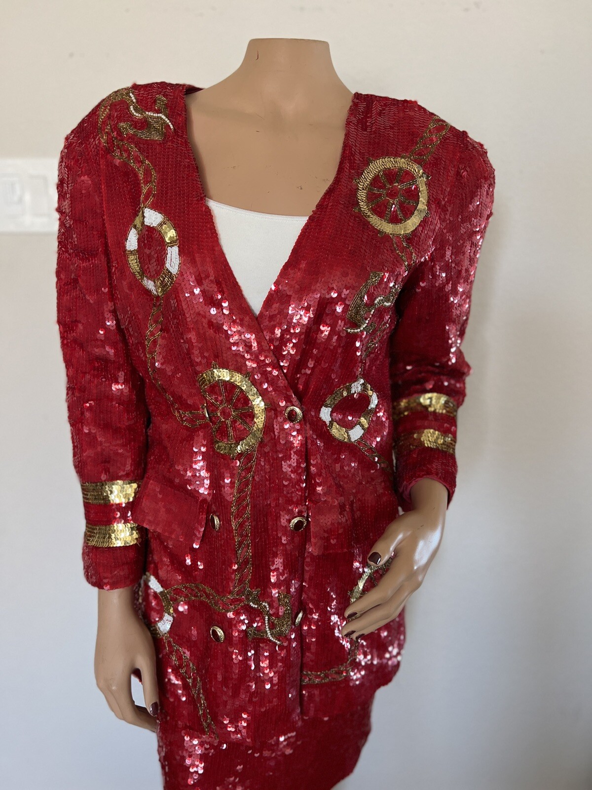 MODI Red Silk Sequin Beaded Double Breasted Nautical Anchor Jacket Skirt Set 6-8