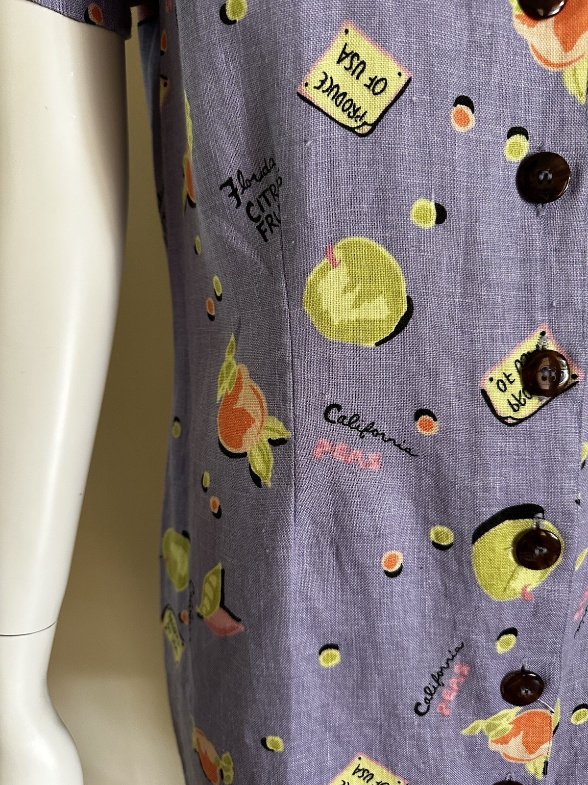 Vintage 90s Linen Novelty Citrus Fruit Shirt Dress Purple Button Front Kiko S M