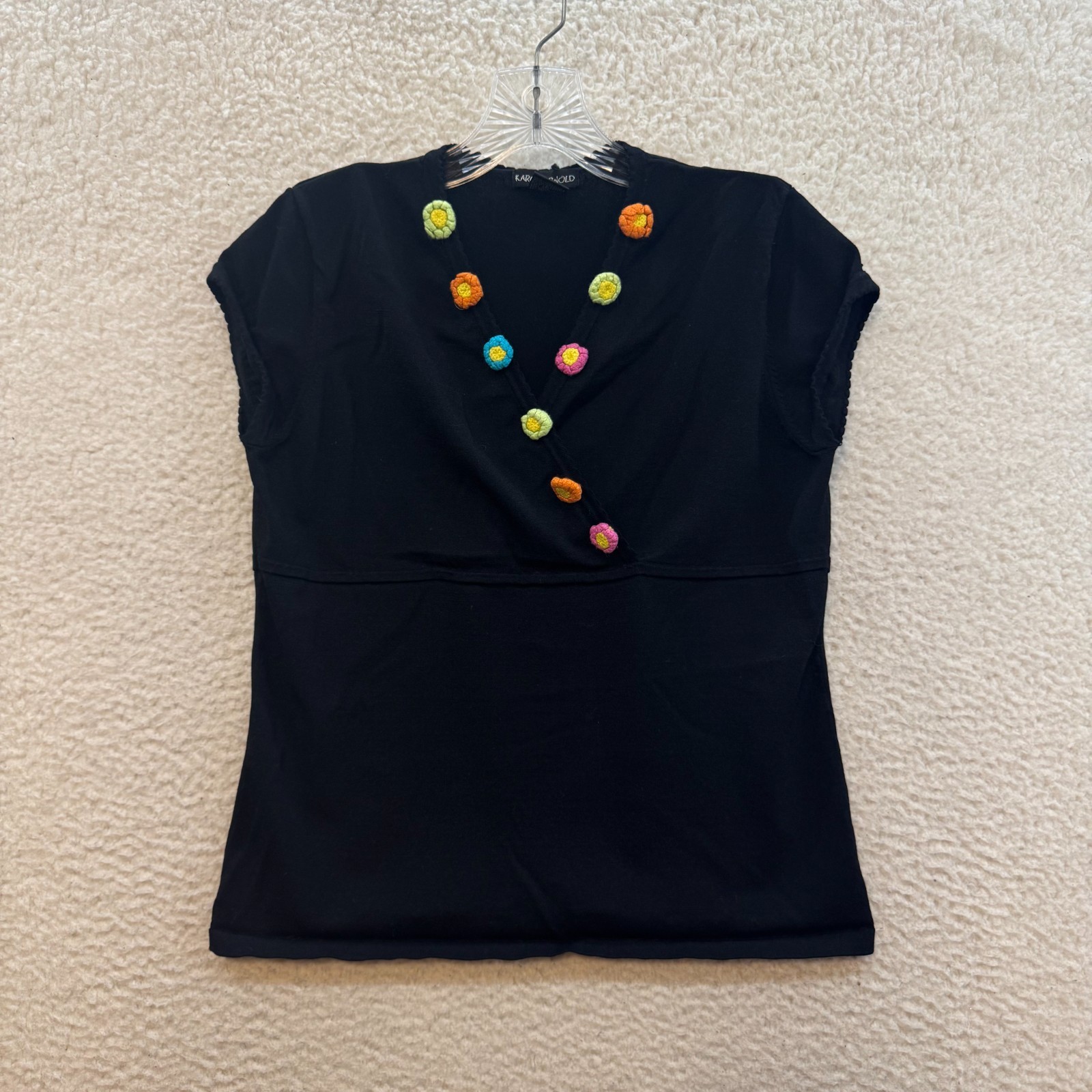 Y2K Vintage Black Top XL Black Crochet Floral Retro Cottagecore Boho Bohemian