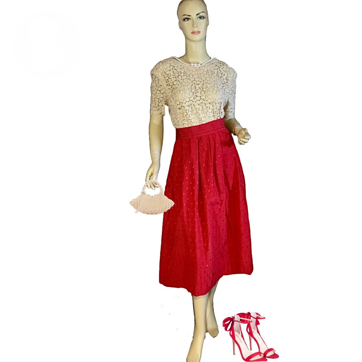 VINTAGE CIRCA 1980’S DARYLE ALEXANDER RED EMBROIDERED A-LINE FULL MIDI SKIRT 14