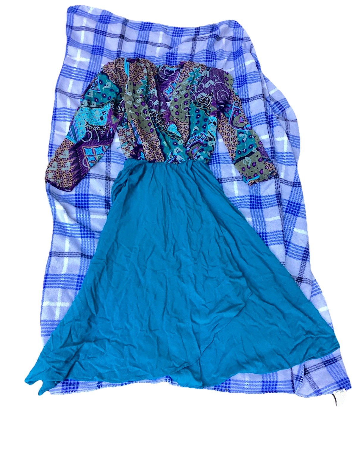 Vtg 80s 90s Spencer Alexis Wrap Dress Teal Boho abstract Surplice Size 10