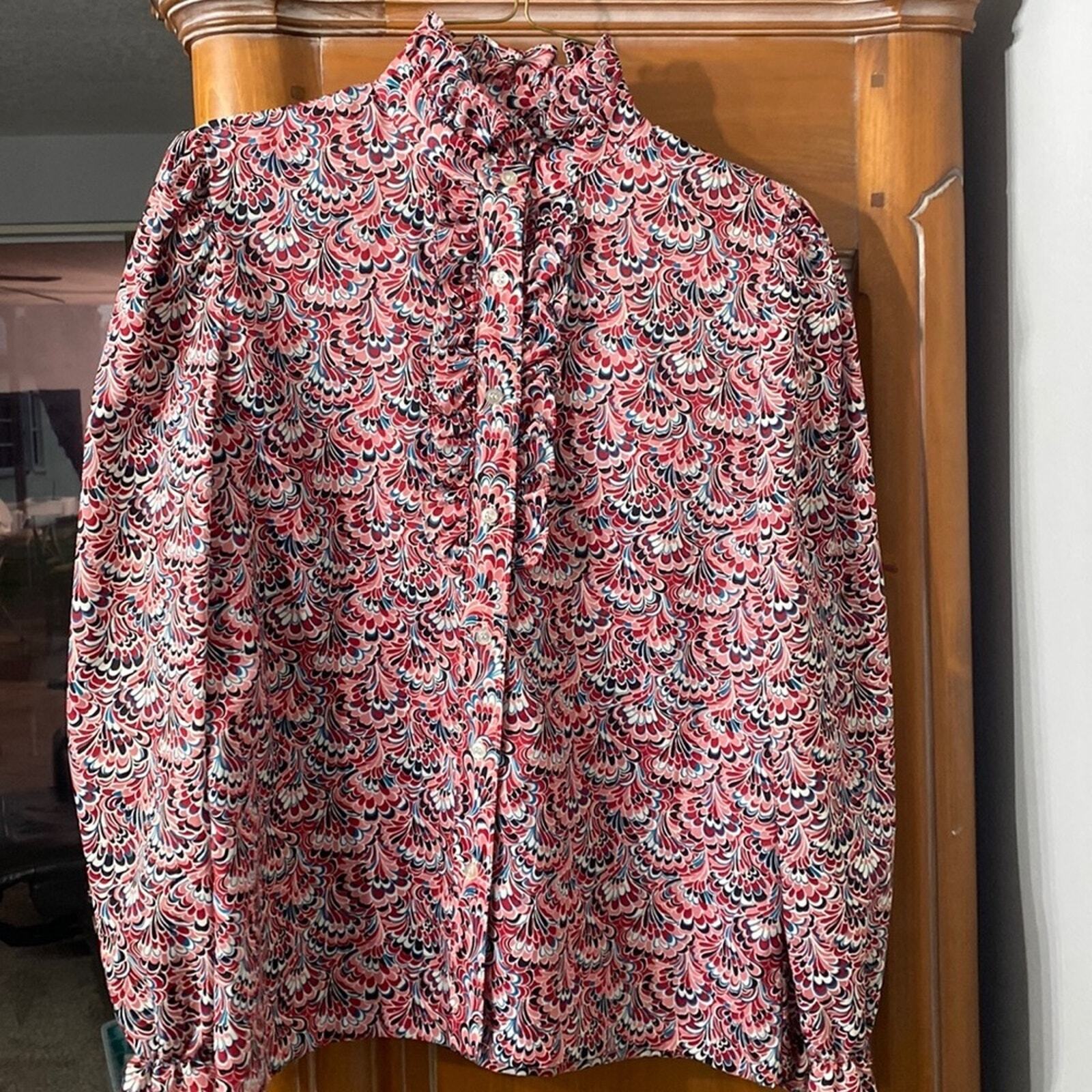 Lucky Winner Vintage Ruffle High Neck Blouse Womens Size L Red Pink Psychedelic
