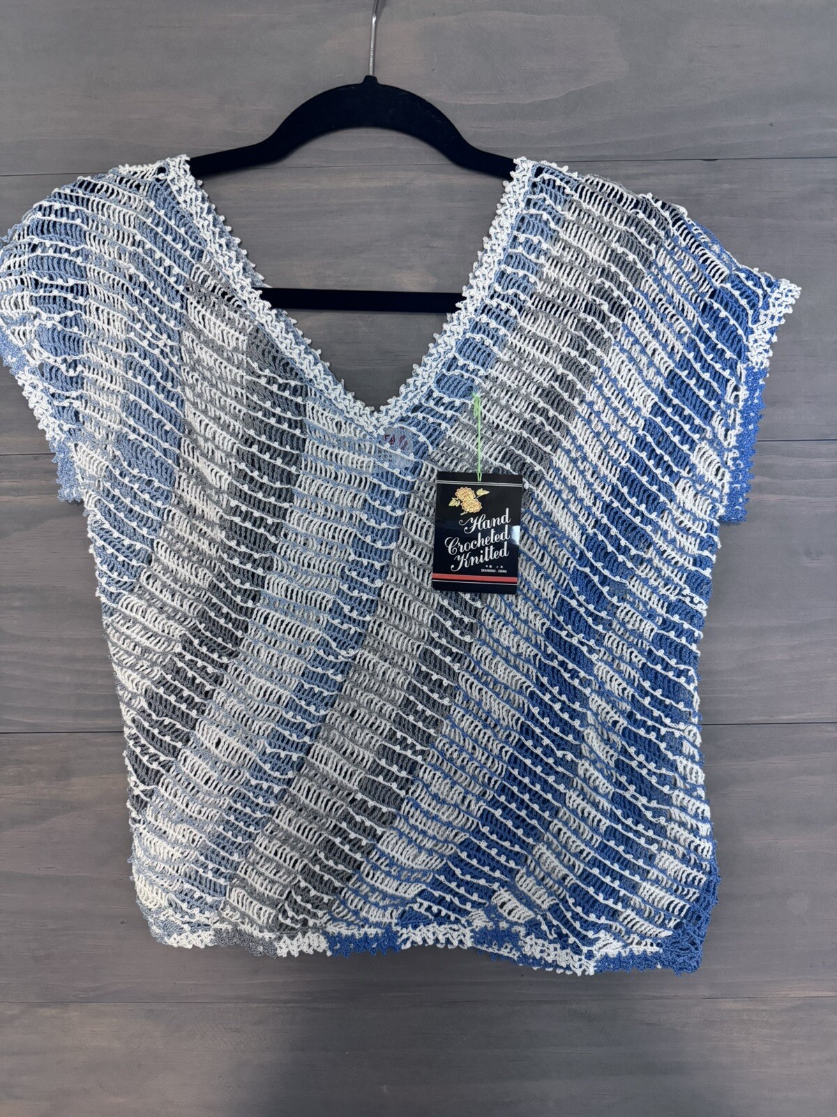 VINTAGE LIM’S BLUE/GRAY/WHITE HAND Crochet COTTON DIAGONAL STRIPE TOP SZ S NWT
