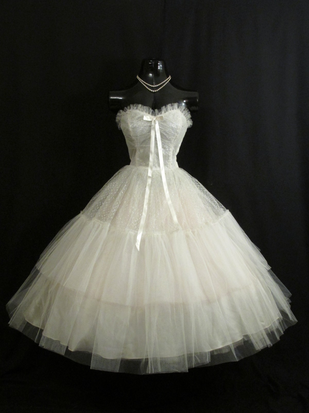 Vintage 1950’s 50s STRAPLESS White Silver Lace Prom Party Wedding Dress Gown