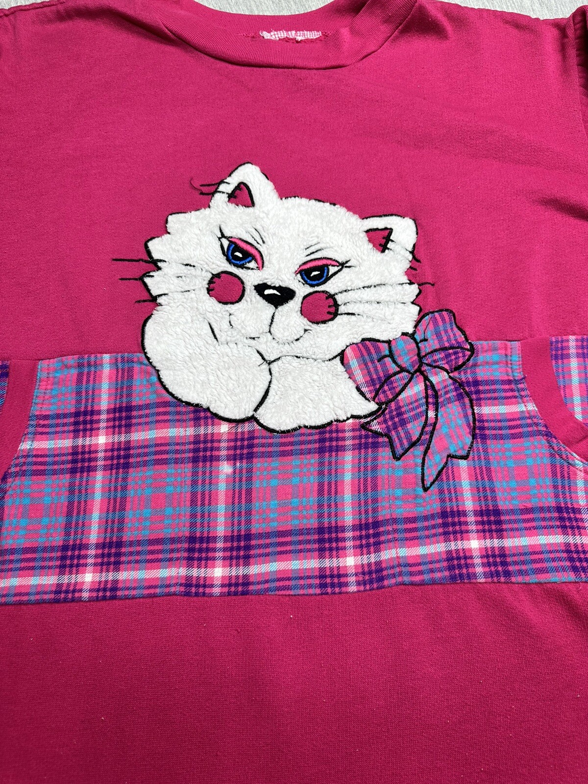 VTG 80s/90s Beth Micheals Pink & Plaid Long Sleeve Fuzzy Cat Nightgown Size M/L